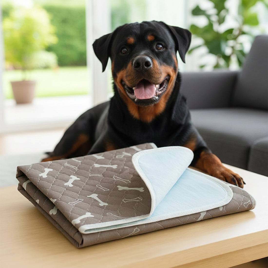 Pup Pad zusammengelegt mit sichtbarer wasserdichter Unterseite