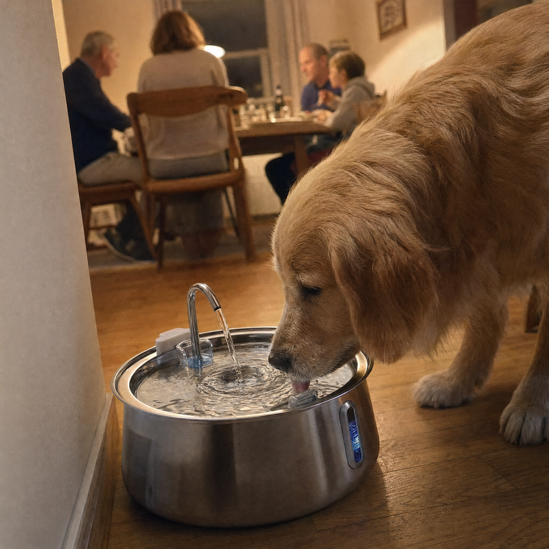 Hund trinkt waehrend die Familie isst