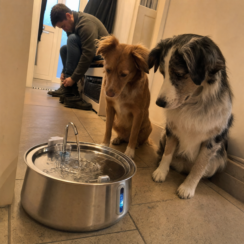 Zwei Hunde am Trinkbrunnen im Flur