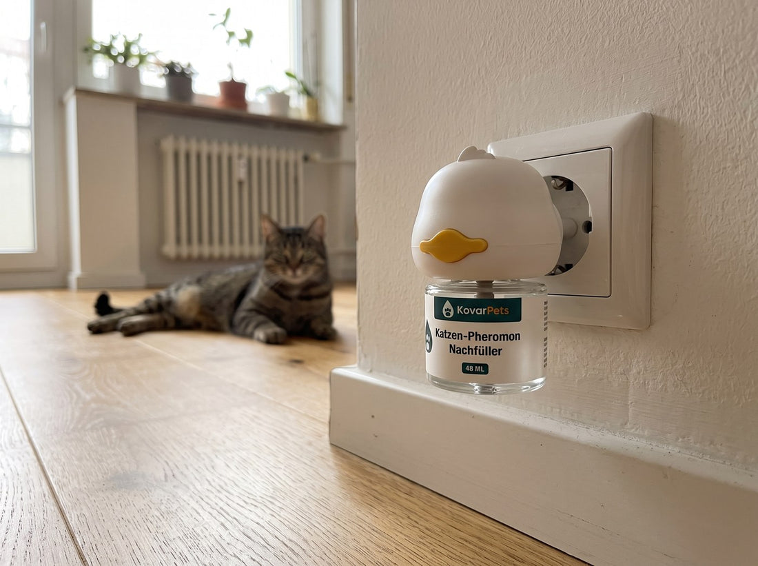 Diffusor in der Steckdose, Katze im Hintergrund