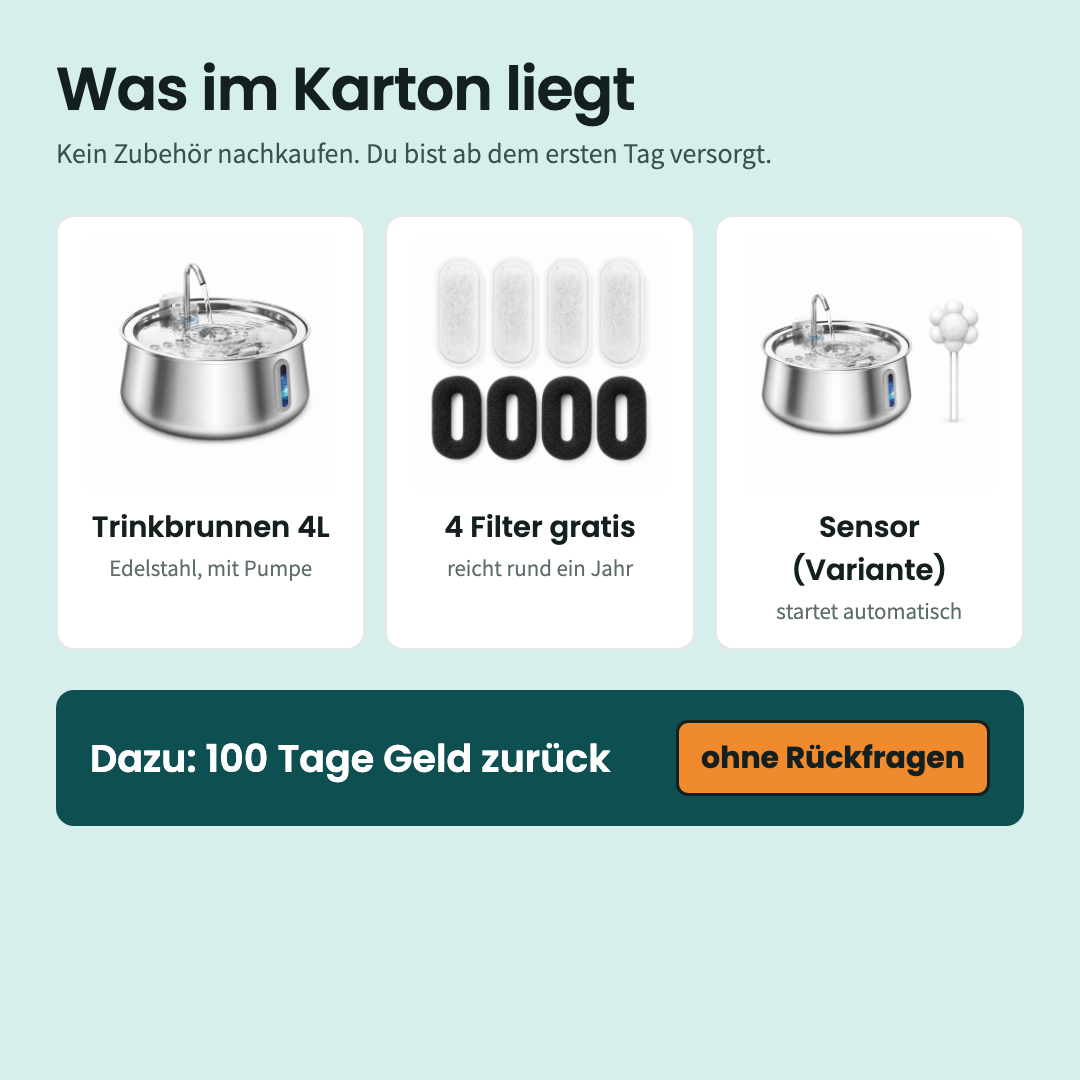 Lieferumfang: Trinkbrunnen, Pumpe, vier Filter, Anleitung