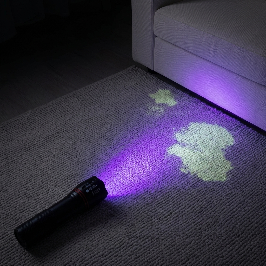 UV-Taschenlampe macht alte Urinflecken auf dem Teppich sichtbar